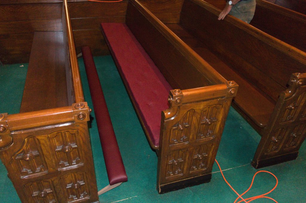 St. Mary's church sample pew with finished kneeler