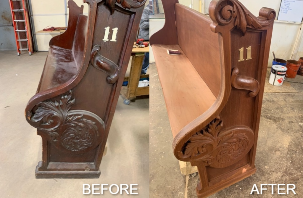 wooden church pew before and after refinishing