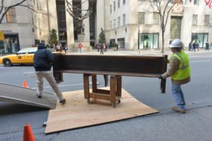 Unloading church pews to take inside St. Patrick's Cathedral to preserve history