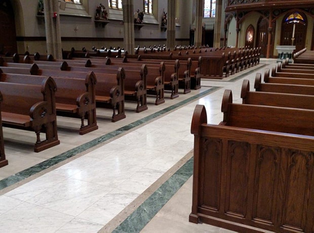 Finished sample St. John’s church pews with new body