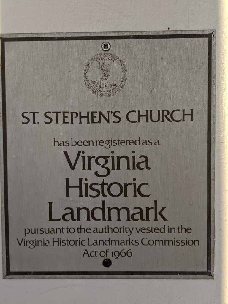 St. Stephen's Church registered as a Virginia historic landmark silver plaque